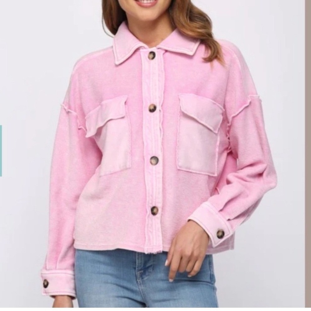 Fate Pink Mineral Wash Cotton Shacket Raw Edge Button Down Jacket Gorpcore Small